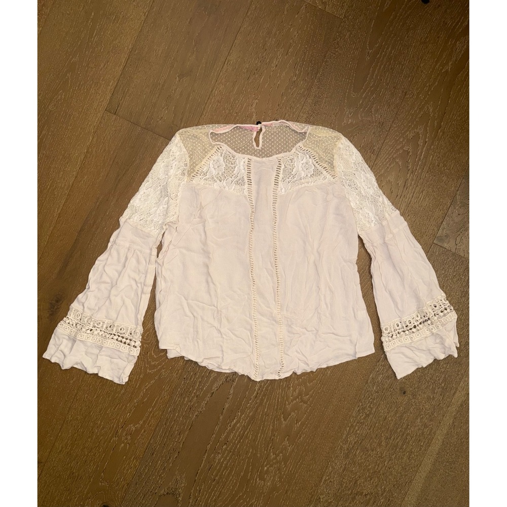 Hint of Mint Womens Boho‎ Lace Swiss Dot Bell Sleeve Blouse Cream Large
